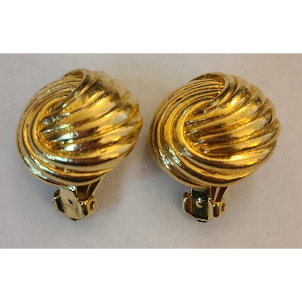 Vintage Signed Anne Klein Gold Tone Textured Swirl Clip On Earrings - 7/8 in